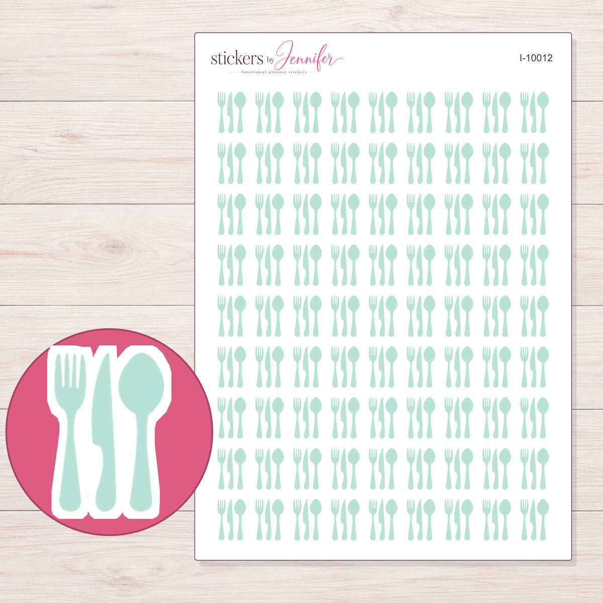 Pale Mint Cutlery Silhouette Planner Stickers | I-10012 — 5 × 7 inch sheet and enlarged sticker detail