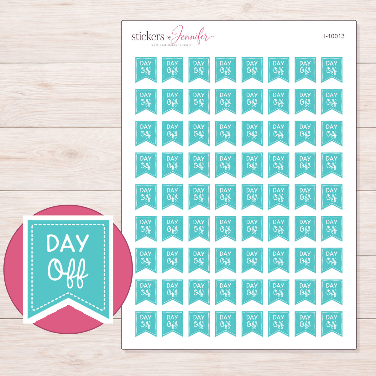 Teal Day Off Flag Planner Stickers | I-10013 — 5 × 7 inch sheet and enlarged sticker detail