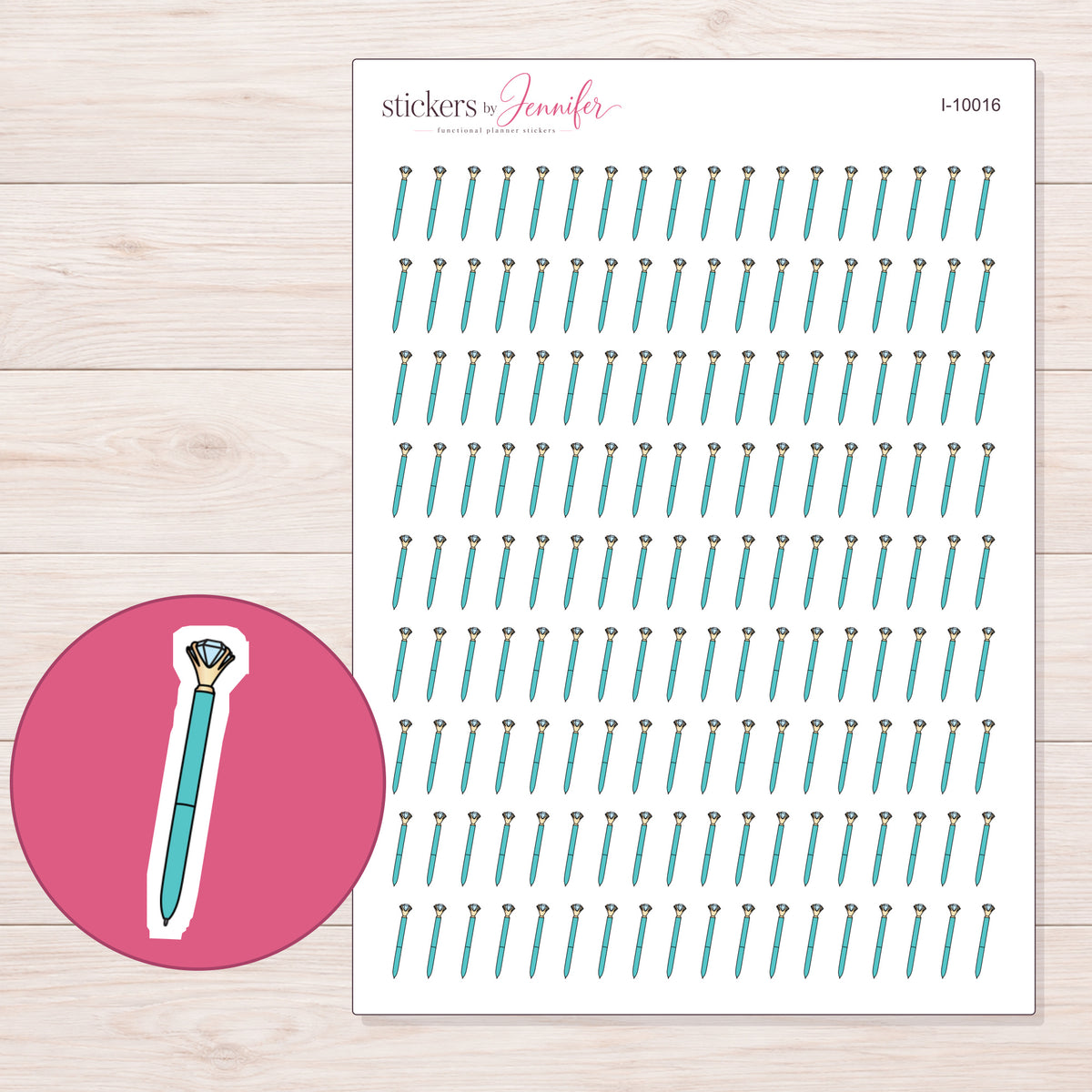 Teal Diamond Pen Planner Stickers | I-10016 — 5 × 7 inch sheet and enlarged sticker detail