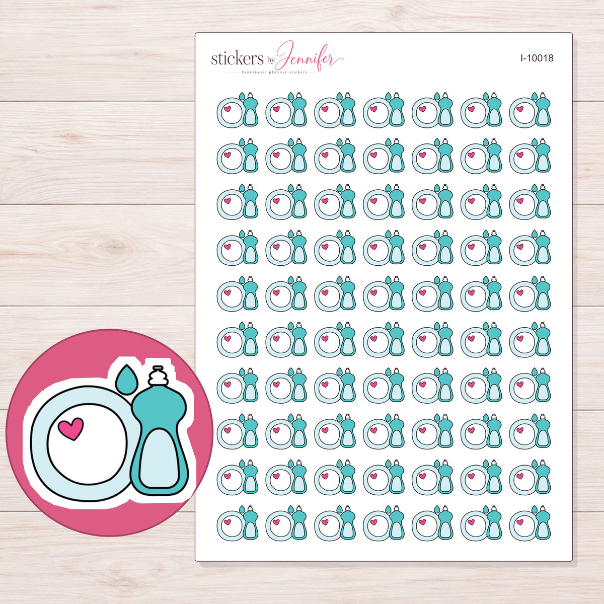 Teal Dish Soap and Heart Plate Planner Stickers | I-10018 — 5 × 7 inch sheet and enlarged sticker detail