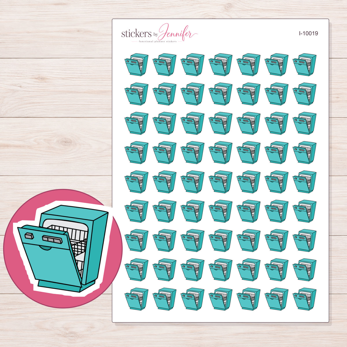 Teal Open Dishwasher Planner Stickers | I-10019 — 5 × 7 inch sheet and enlarged sticker detail