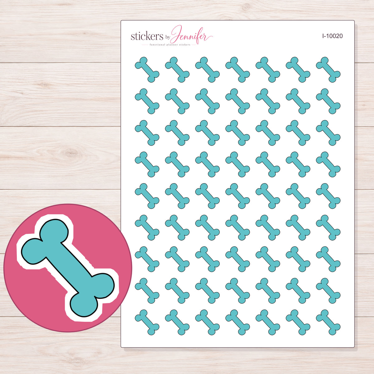 Teal Dog Bone Planner Stickers | I-10020 — 5 × 7 inch sheet and enlarged sticker detail