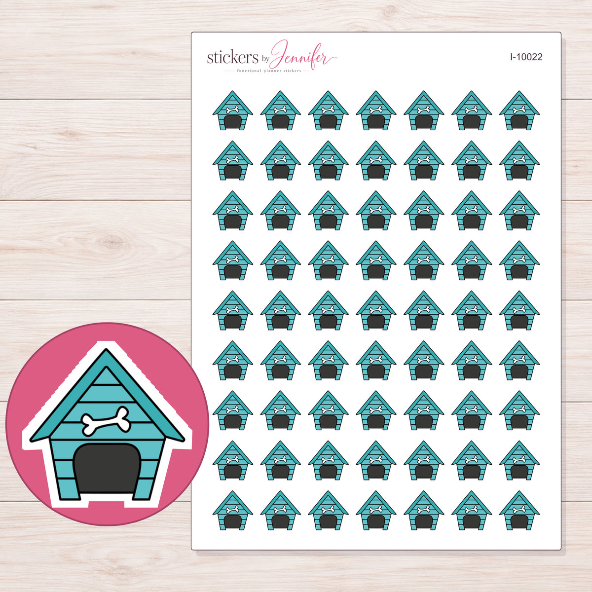 Teal Dog House Planner Stickers | I-10022 — 5 × 7 inch sheet and enlarged sticker detail