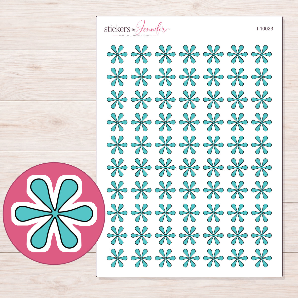 Teal Doodle Asterisk Planner Stickers | I-10023 — 5 × 7 inch sheet and enlarged sticker detail