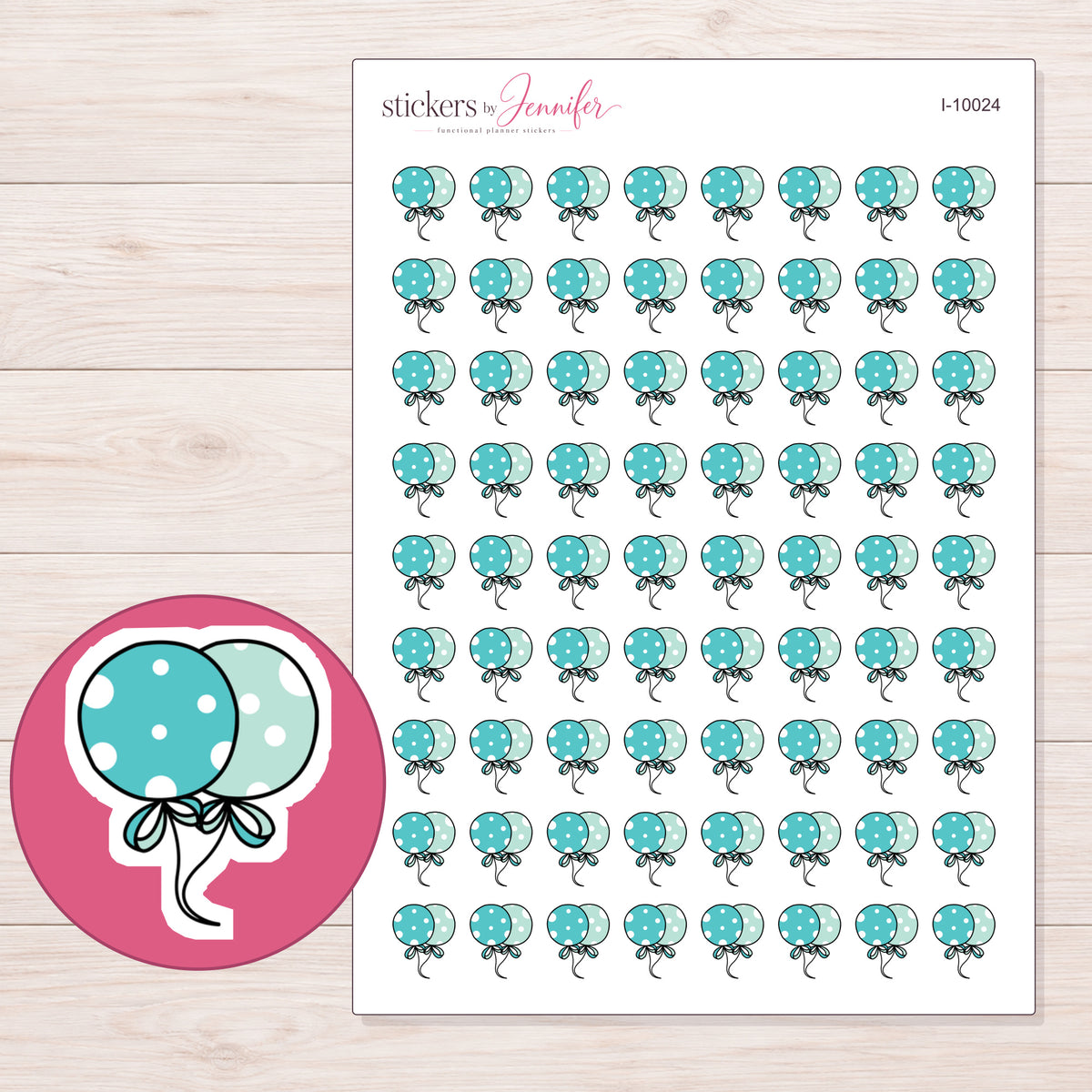 Teal Polka Dot Balloons Planner Stickers | I-10024 — 5 × 7 inch sheet and enlarged sticker detail