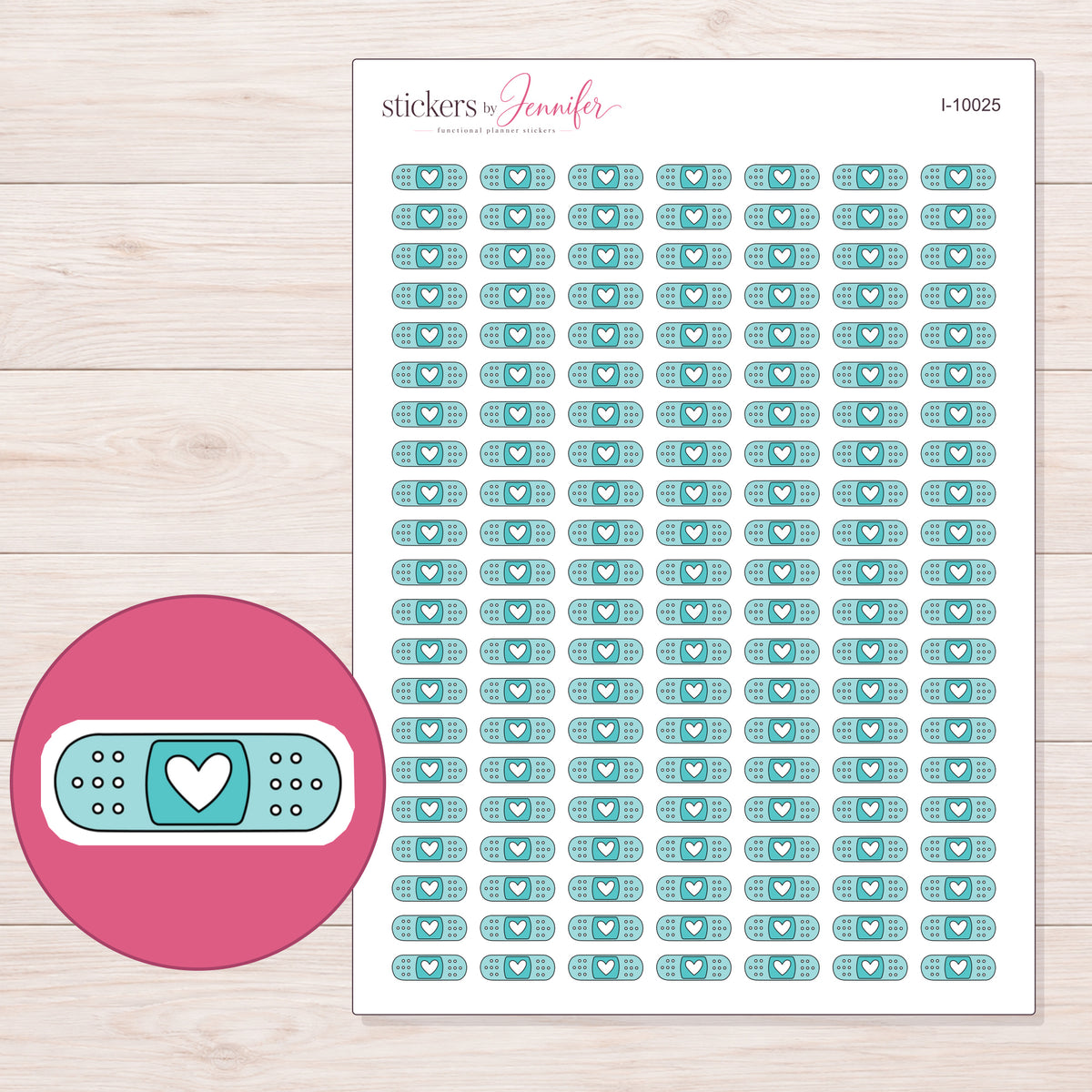 Teal Heart Bandage Planner Stickers | I-10025 — 5 × 7 inch sheet and enlarged sticker detail