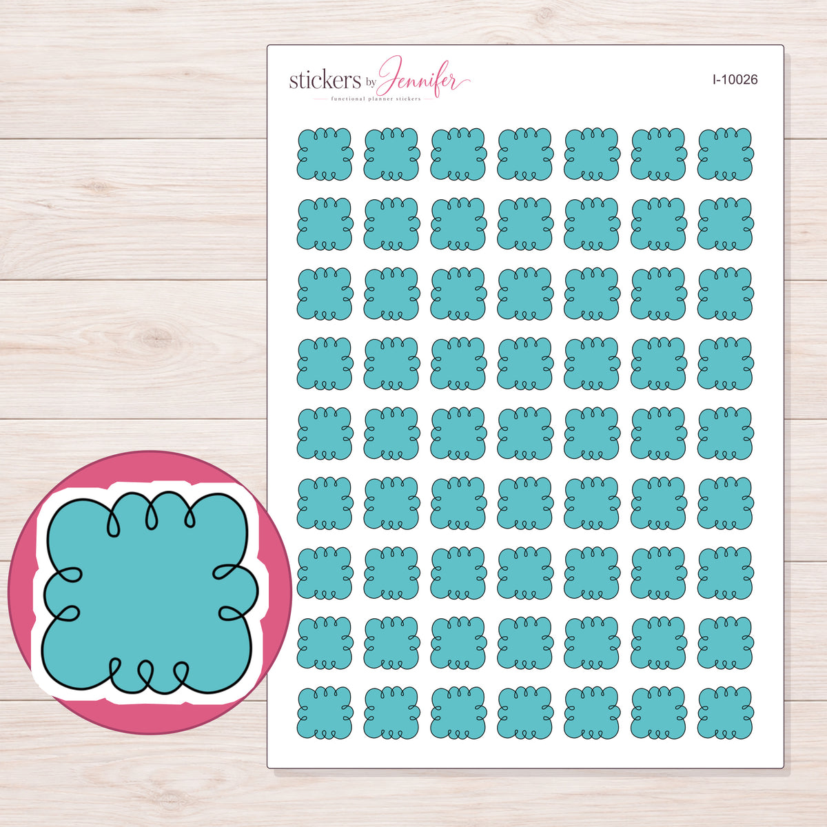 Teal Loopy Doodle Cloud Planner Stickers | I-10026 — 5 × 7 inch sheet and enlarged sticker detail