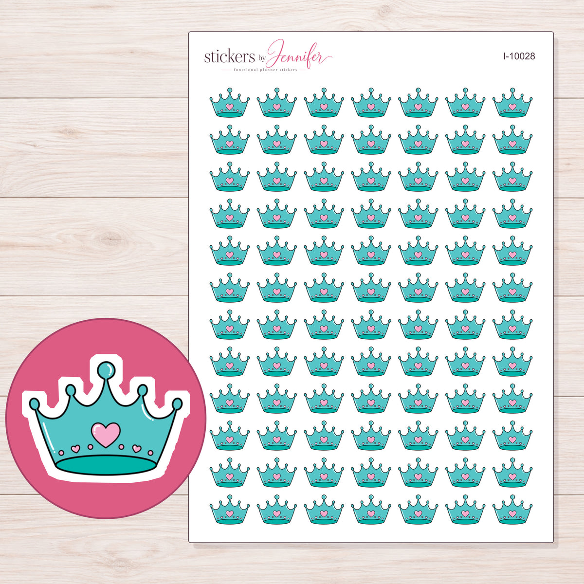Teal Heart Crown Planner Stickers | I-10028 — 5 × 7 inch sheet and enlarged sticker detail