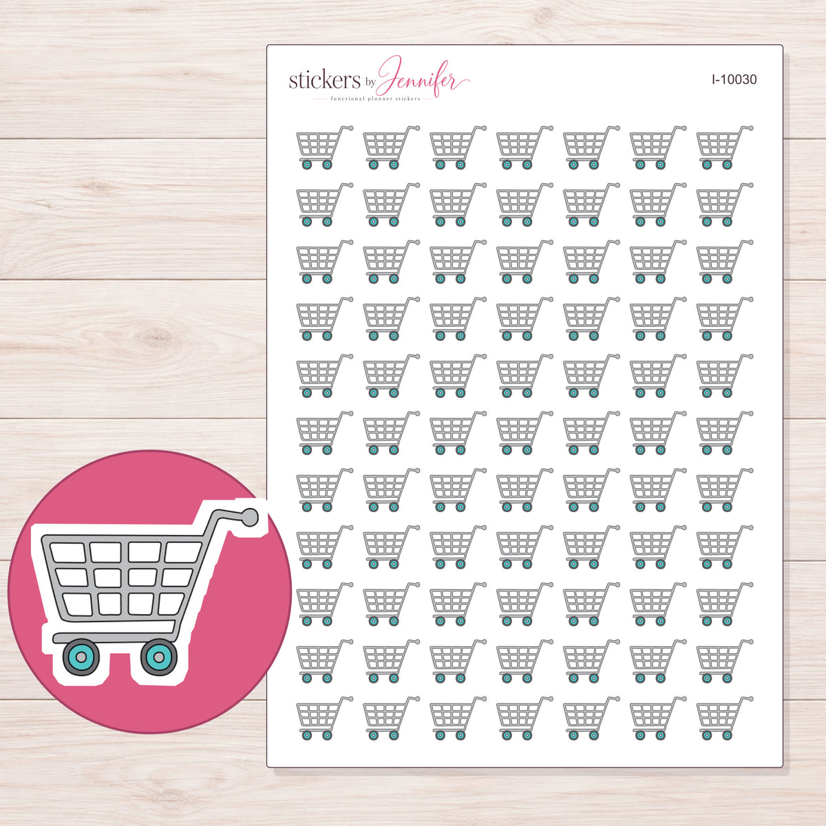 Teal Wheel Grocery Cart Planner Stickers | I-10030 — 5 × 7 inch sheet and enlarged sticker detail