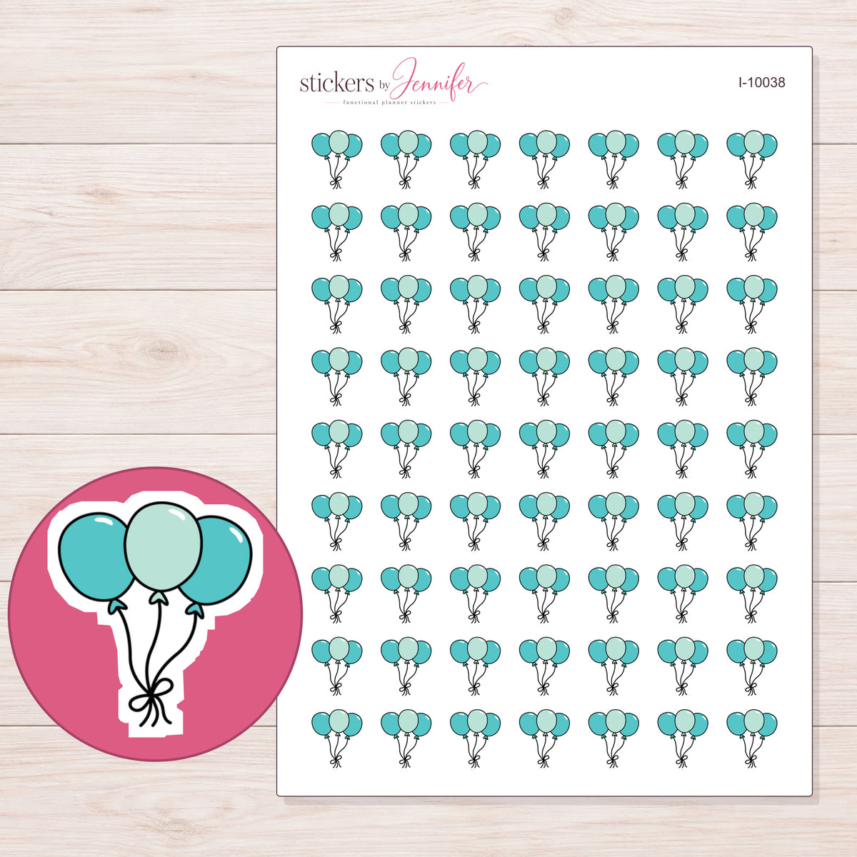 Teal Balloon Trio Planner Stickers | I-10038 — 5 × 7 inch sheet and enlarged sticker detail