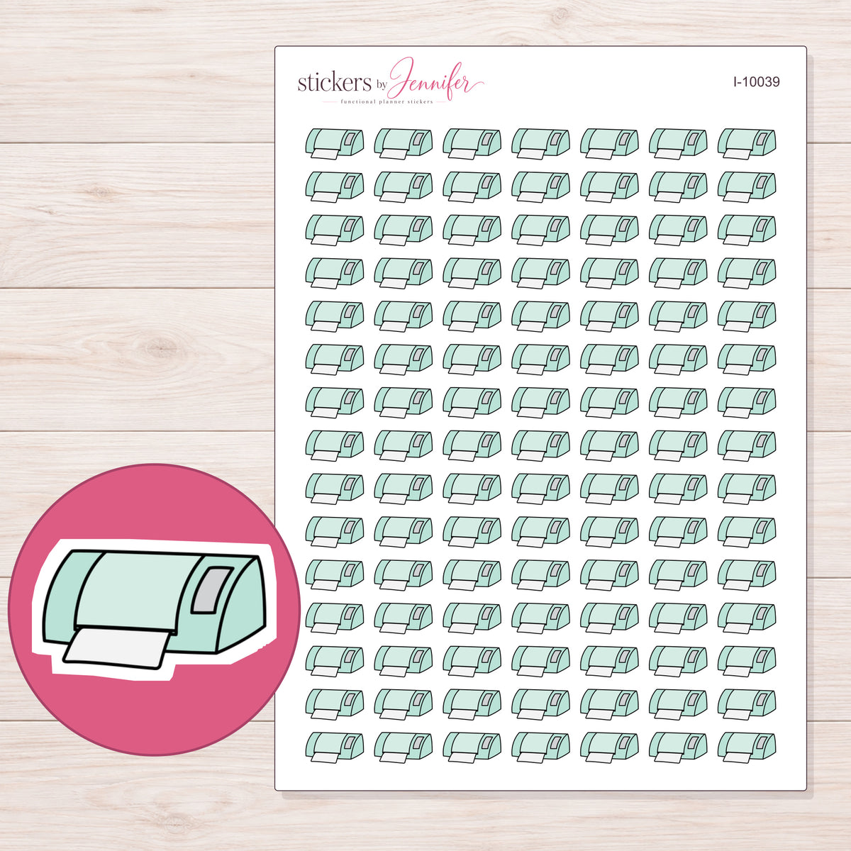 Mint Cutting Machine Planner Stickers | I-10039 — 5 × 7 inch sheet and enlarged sticker detail