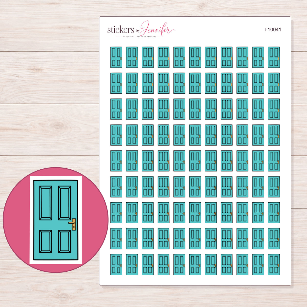 Teal Paneled Door Planner Stickers | I-10041 — 5 × 7 inch sheet and enlarged sticker detail