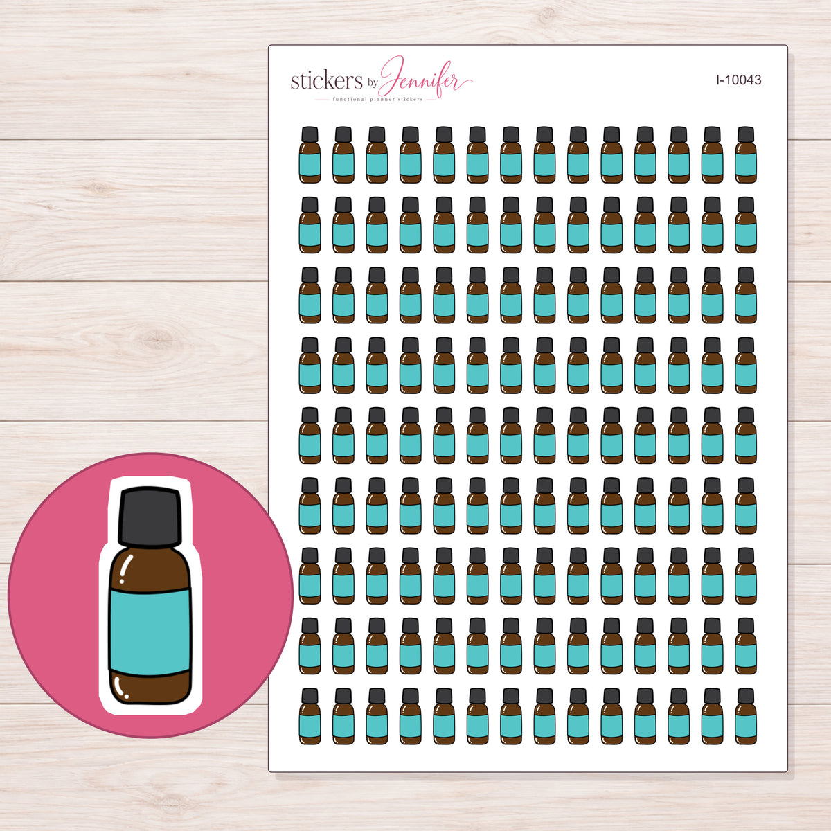 Teal Label Essential Oil Bottle Planner Stickers | I-10043 — 5 × 7 inch sheet and enlarged sticker detail