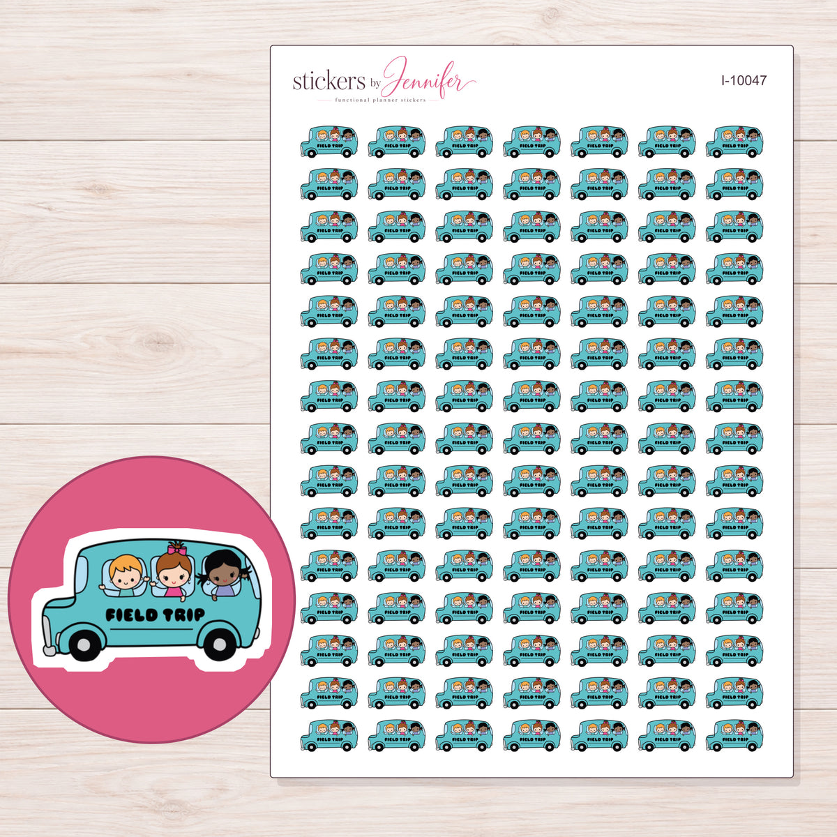 Teal Field Trip Bus Planner Stickers | I-10047 — 5 × 7 inch sheet and enlarged sticker detail