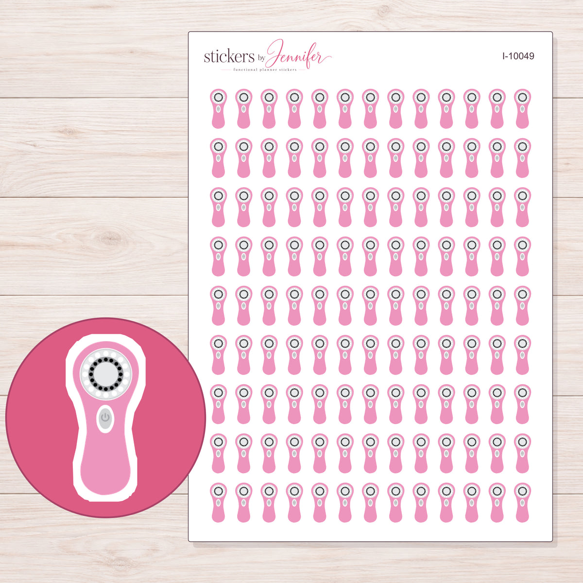 Pink Facial Cleansing Brush Planner Stickers | I-10049 — 5 × 7 inch sheet and enlarged sticker detail