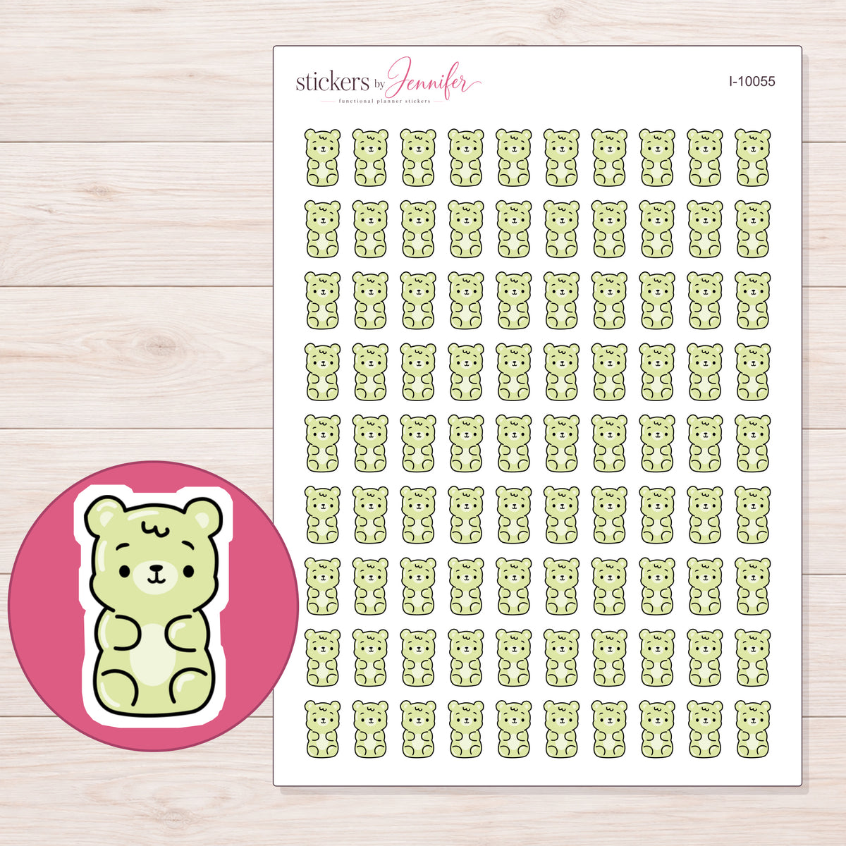 Pale Yellow Green Gummy Bear Planner Stickers | I-10055 — 5 × 7 inch sheet and enlarged sticker detail