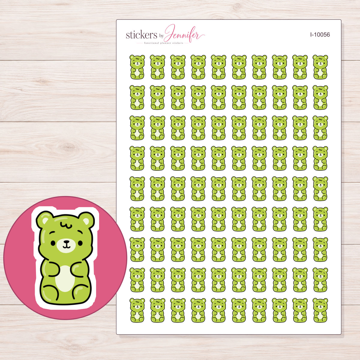 Lime Green Gummy Bear Planner Stickers | I-10056 — 5 × 7 inch sheet and enlarged sticker detail