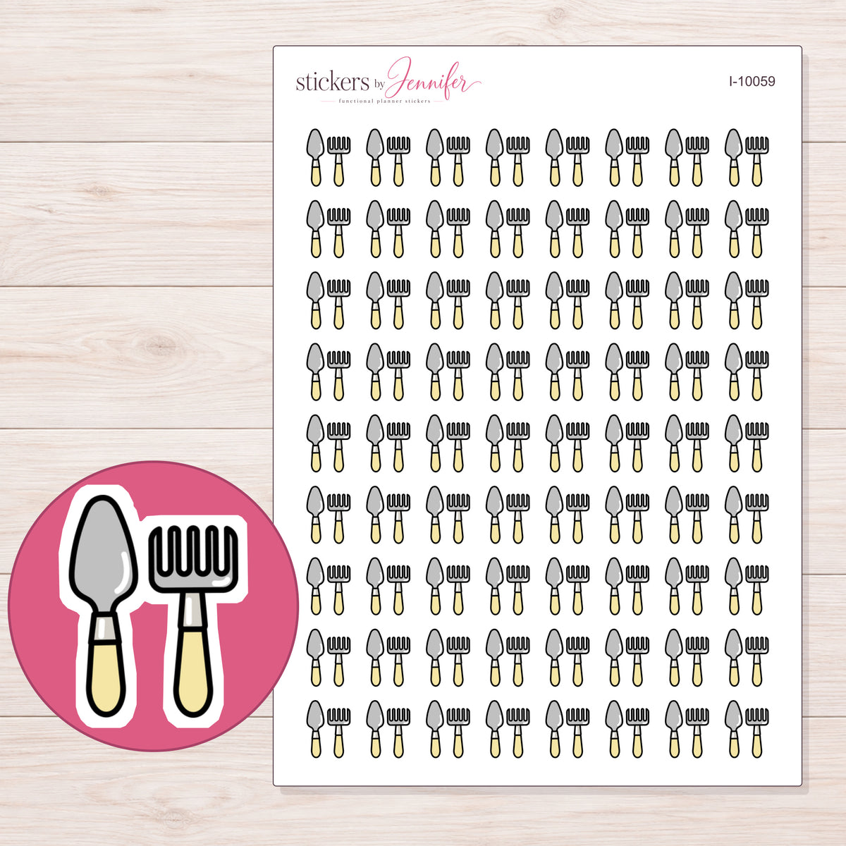 Yellow Handle Garden Tools Planner Stickers | I-10059 — 5 × 7 inch sheet and enlarged sticker detail