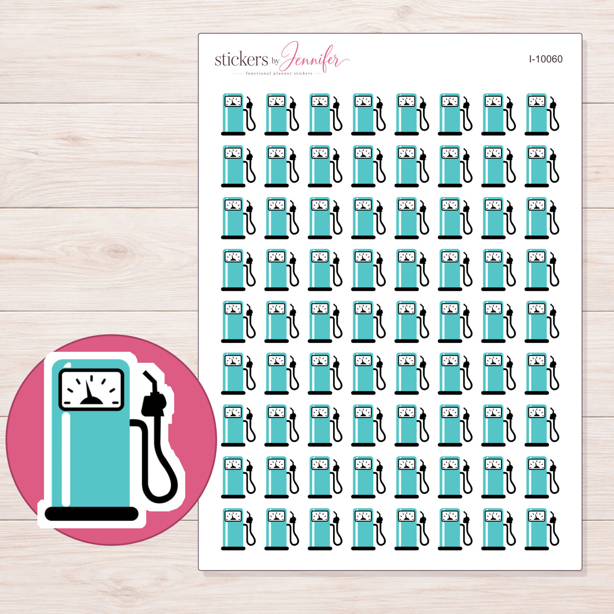 Teal Gas Pump Planner Stickers | I-10060 — 5 × 7 inch sheet and enlarged sticker detail
