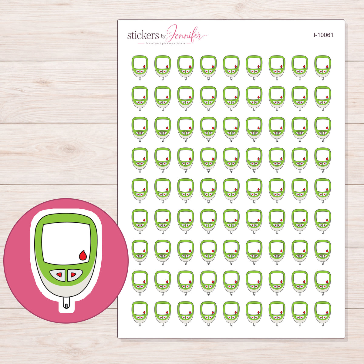 Green Glucose Meter Planner Stickers | I-10061 — 5 × 7 inch sheet and enlarged sticker detail