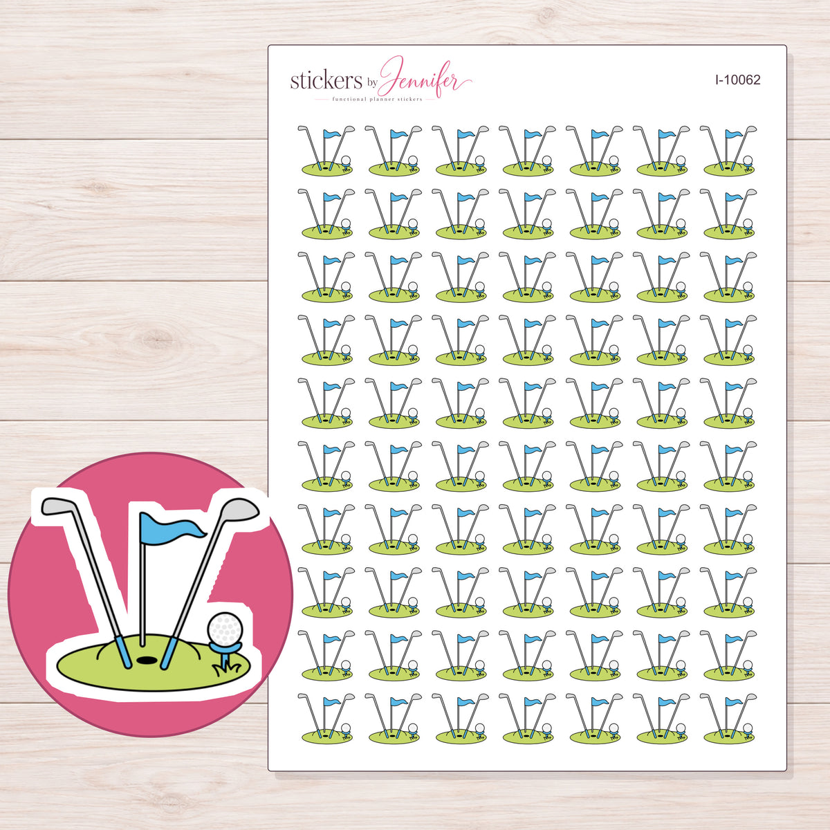 Golf Clubs and Teal Flag Planner Stickers | I-10062 — 5 × 7 inch sheet and enlarged sticker detail