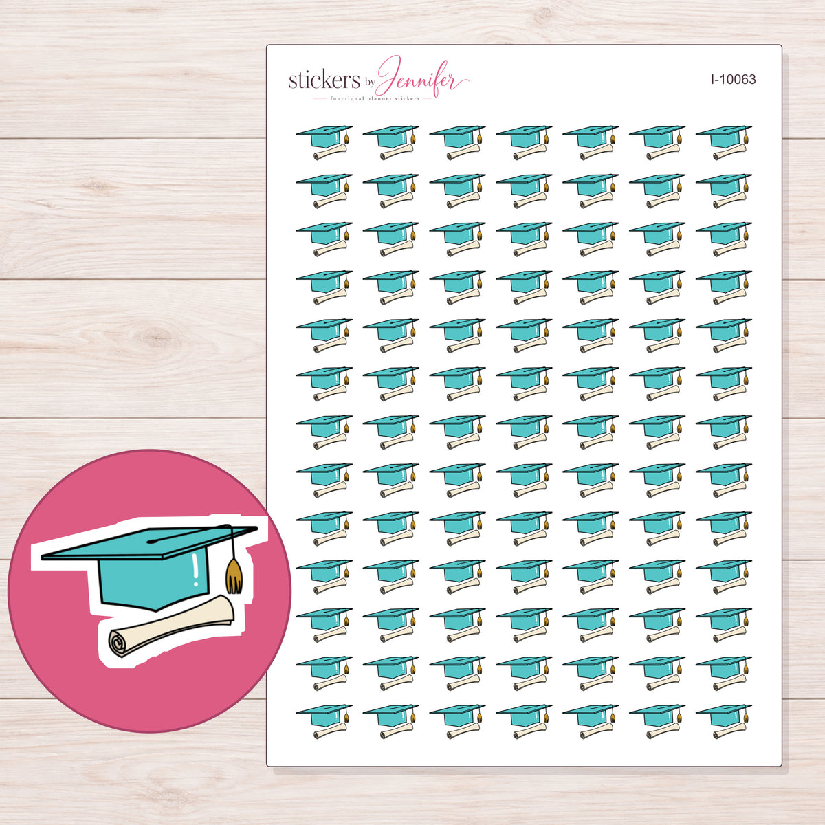 Teal Graduation Cap and Diploma Planner Stickers | I-10063 — 5 × 7 inch sheet and enlarged sticker detail