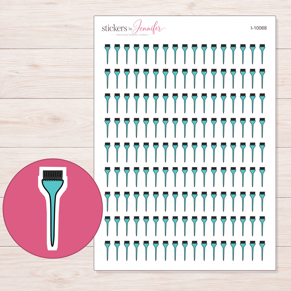 Teal Hair Color Brush Planner Stickers | I-10068 — 5 × 7 inch sheet and enlarged sticker detail