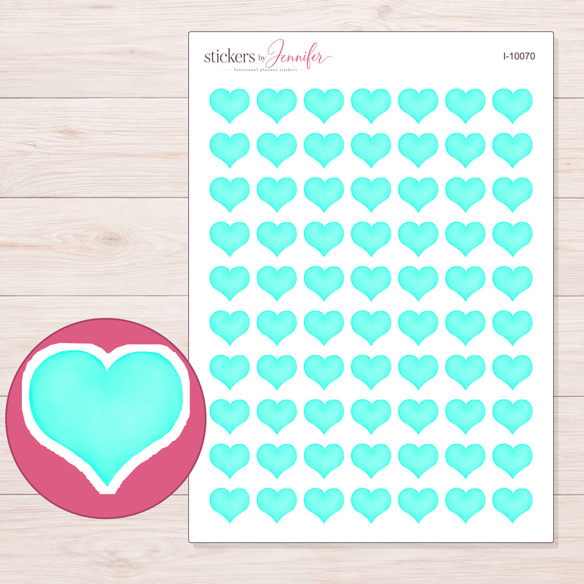 Bright Aqua Heart Planner Stickers | I-10070 — 5 × 7 inch sheet and enlarged sticker detail