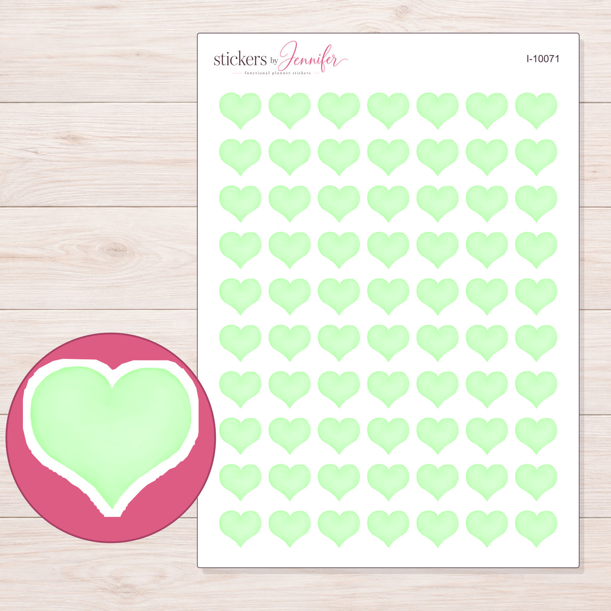 Pastel Mint Heart Planner Stickers | I-10071 — 5 × 7 inch sheet and enlarged sticker detail