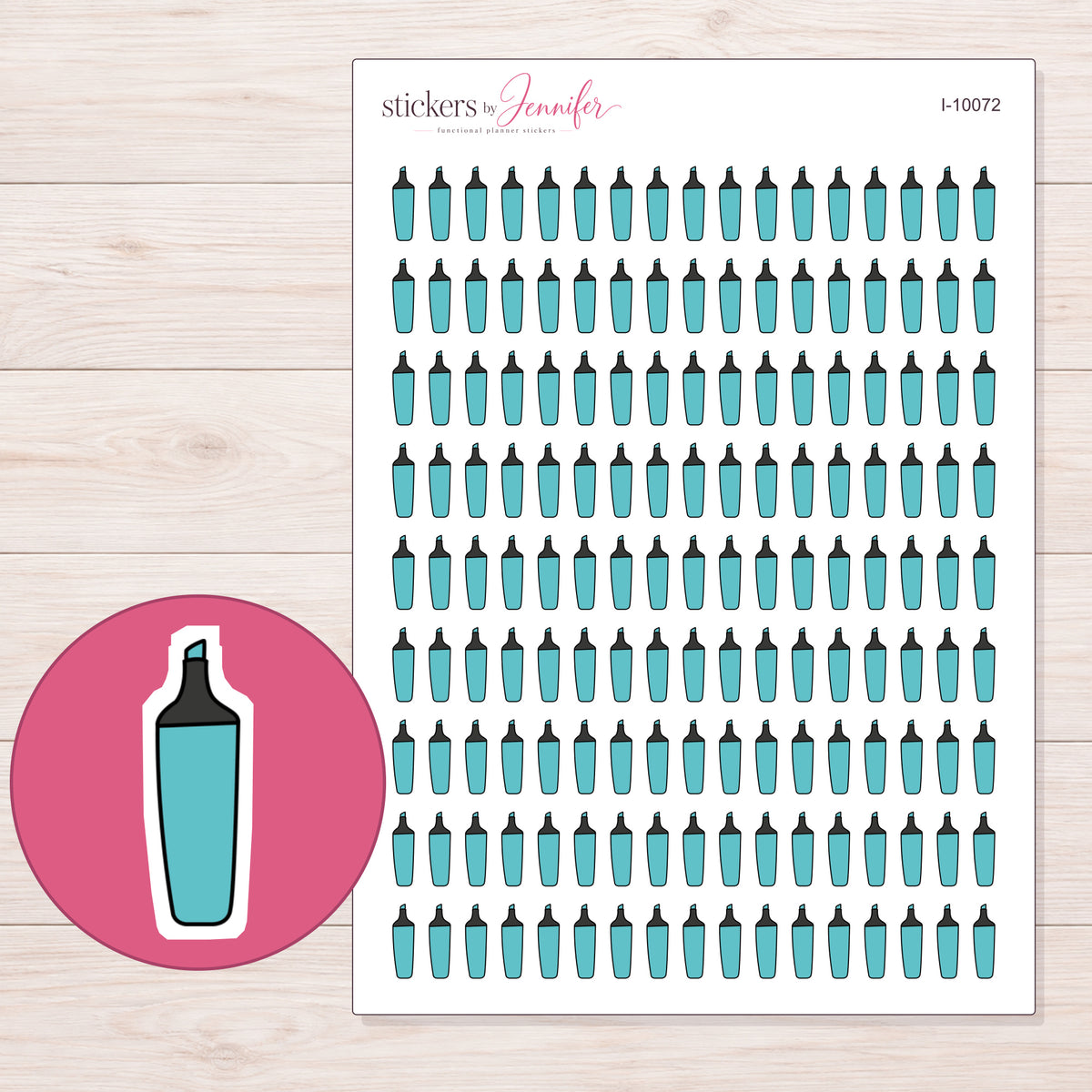 Teal Highlighter Planner Stickers | I-10072 — 5 × 7 inch sheet and enlarged sticker detail