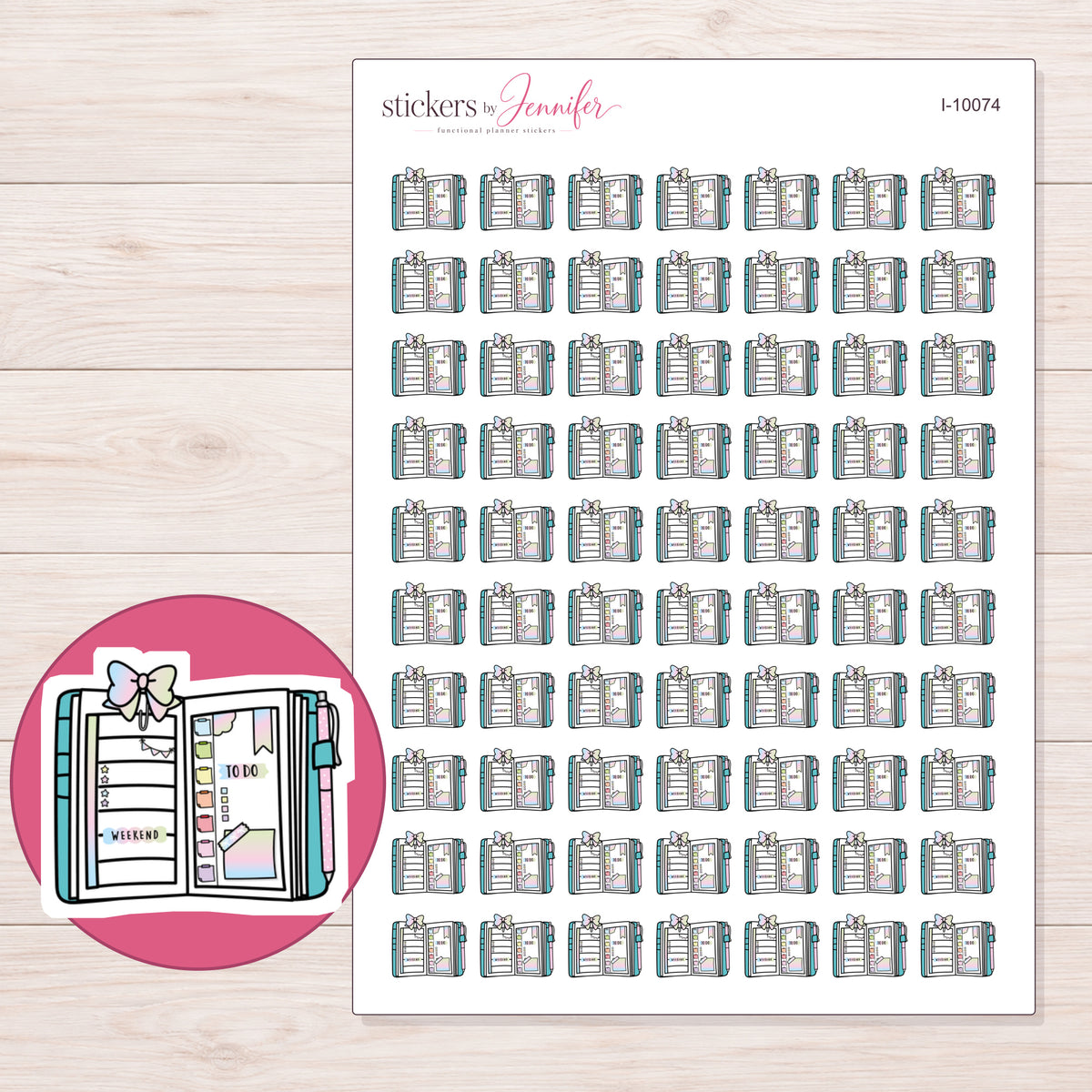Teal Decorated Open Planner Stickers | I-10074 — 5 × 7 inch sheet and enlarged sticker detail