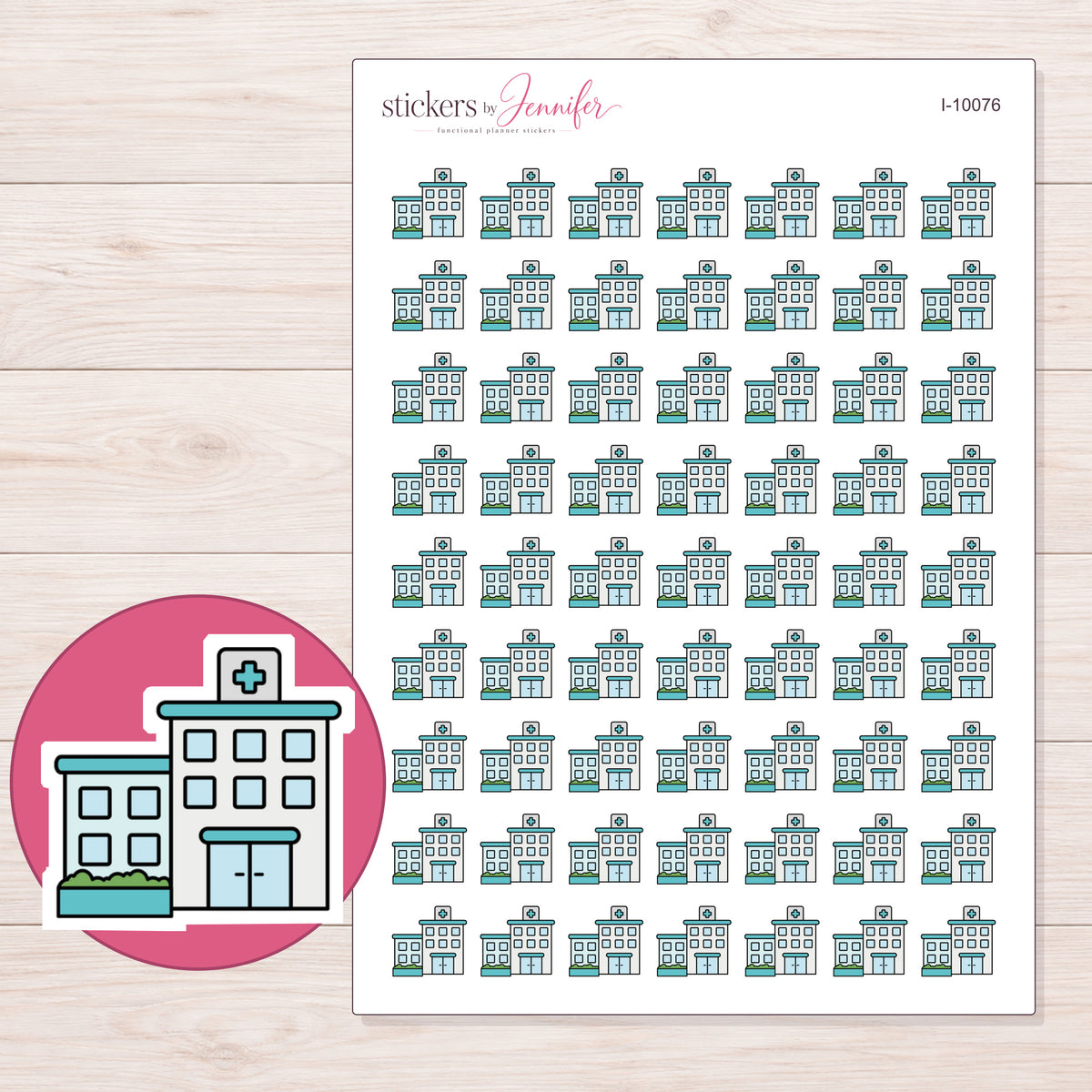 Teal Hospital Building Planner Stickers | I-10076 — 5 × 7 inch sheet and enlarged sticker detail