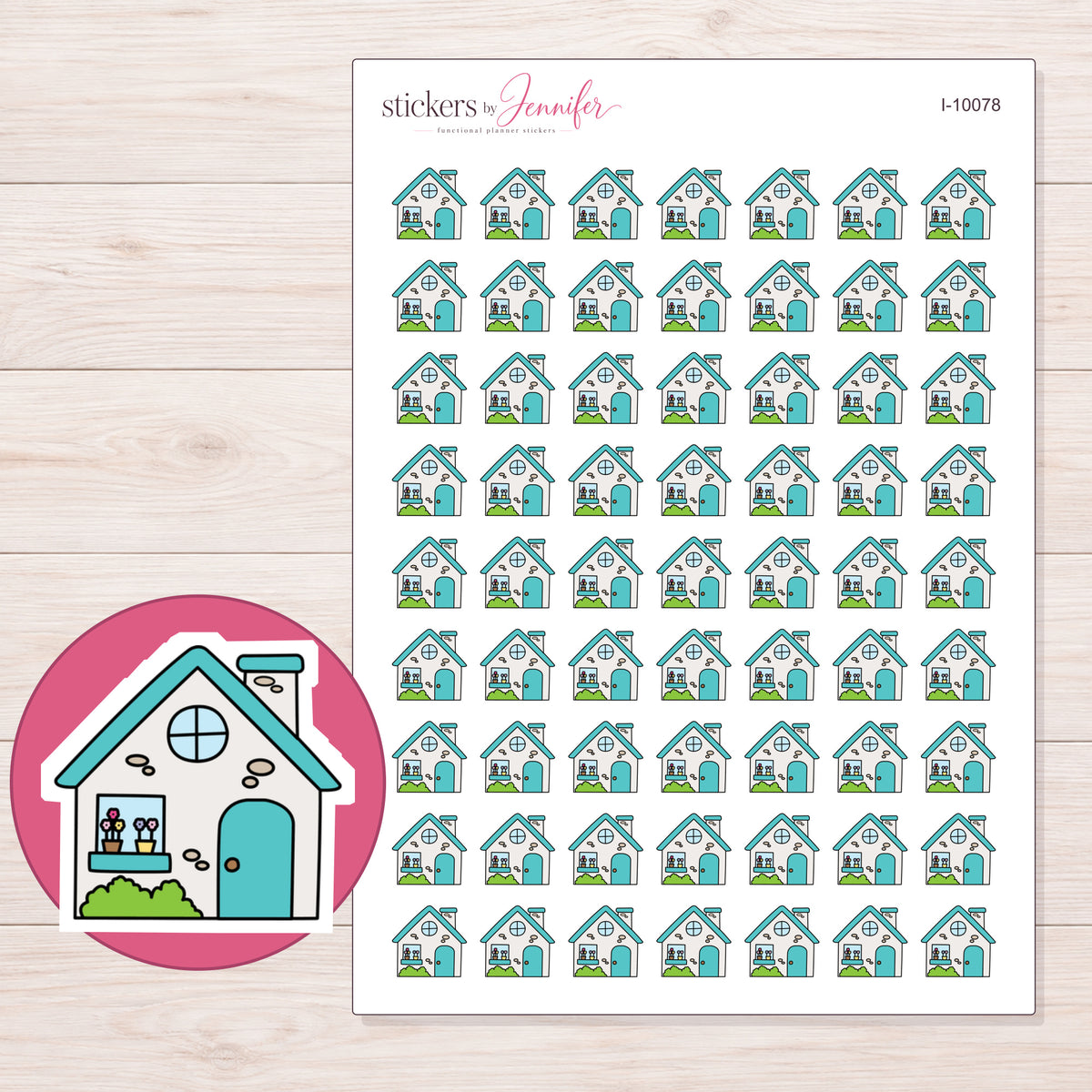 Teal Roof House Planner Stickers | I-10078 — 5 × 7 inch sheet and enlarged sticker detail