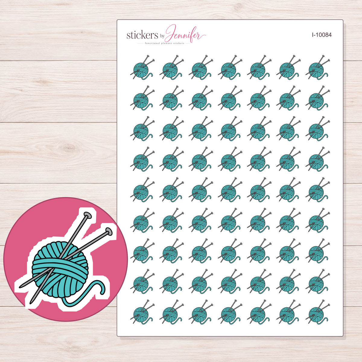Teal Yarn Ball and Knitting Needles Planner Stickers | I-10084 — 5 × 7 inch sheet and enlarged sticker detail