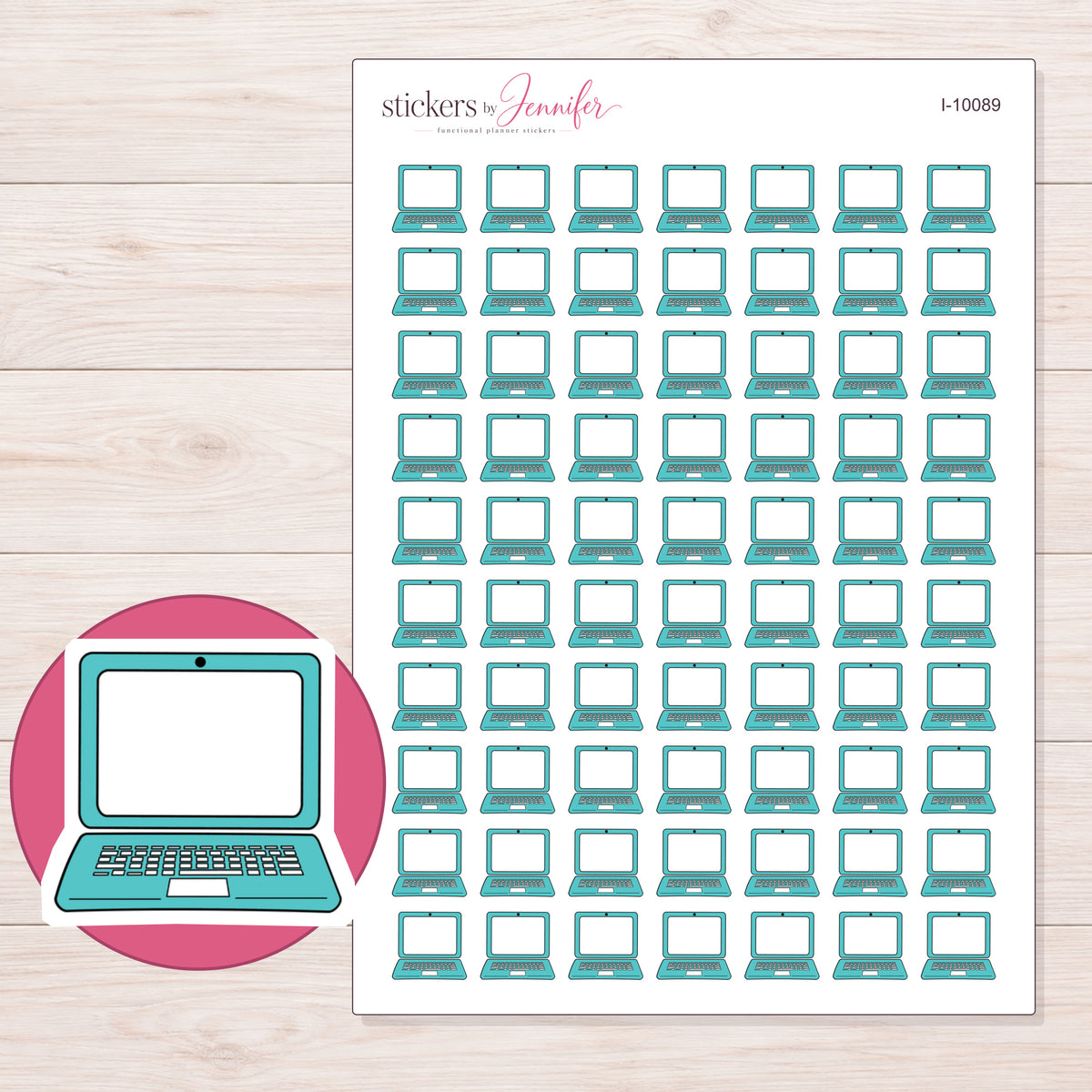 Teal Doodle Laptop Planner Stickers | I-10089 — 5 × 7 inch sheet and enlarged sticker detail