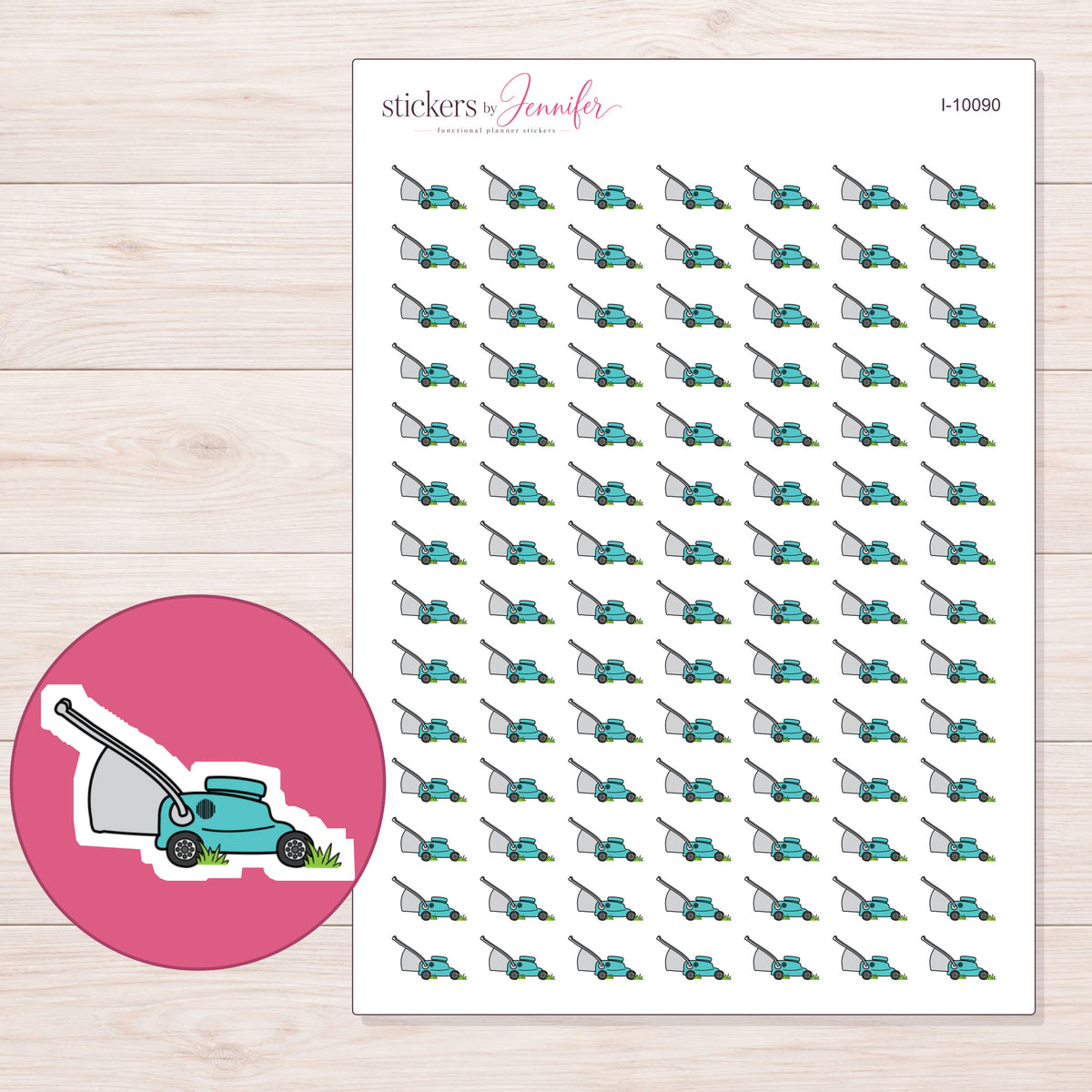 Teal Lawn Mower Planner Stickers | I-10090 — 5 × 7 inch sheet and enlarged sticker detail