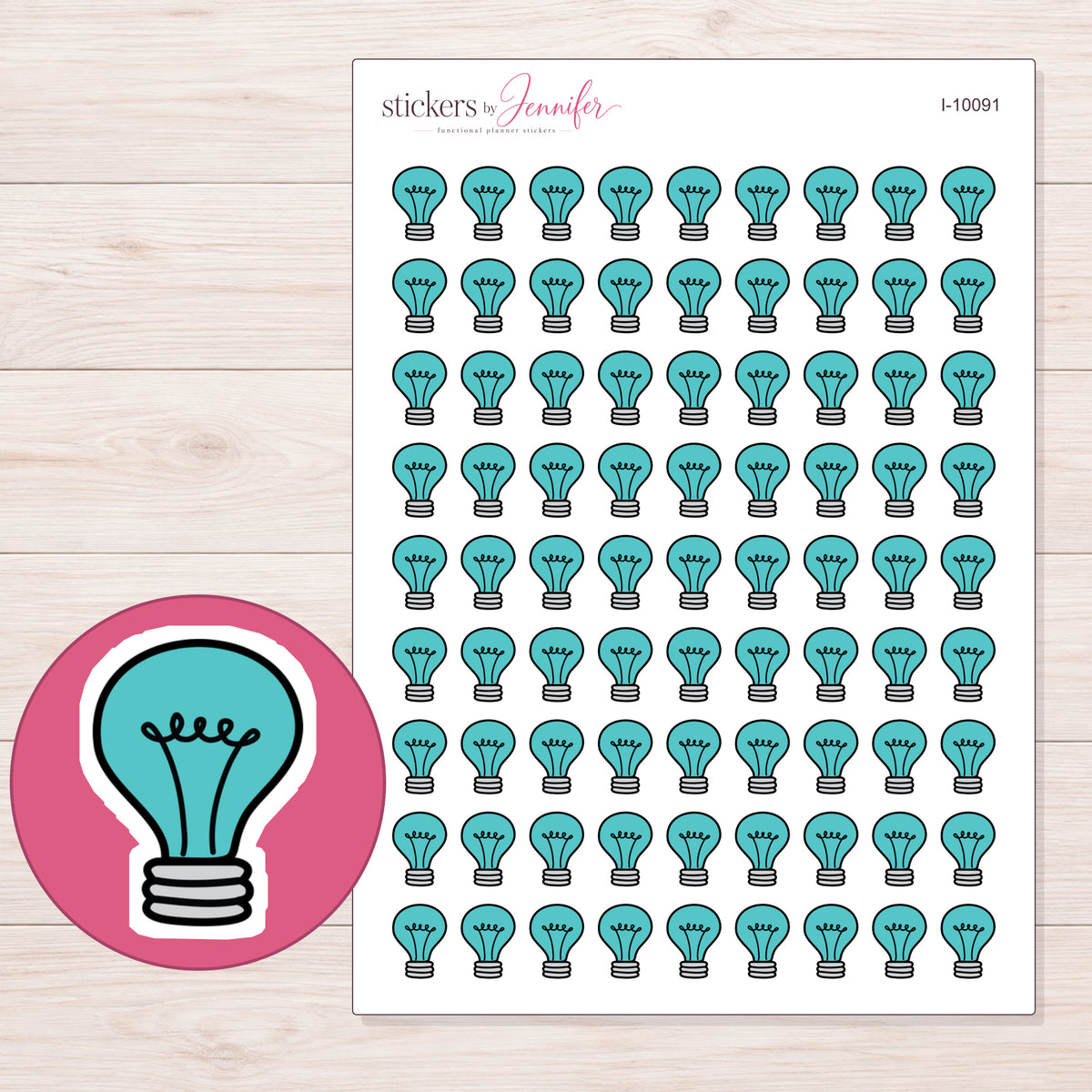 Teal Light Bulb Planner Stickers | I-10091 — 5 × 7 inch sheet and enlarged sticker detail