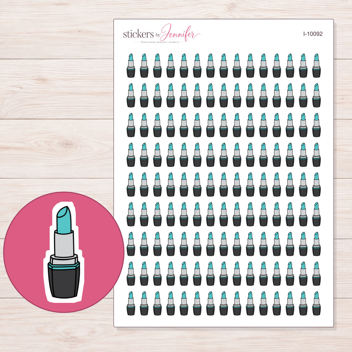 Teal Lipstick Planner Stickers | I-10092 — 5 × 7 inch sheet and enlarged sticker detail
