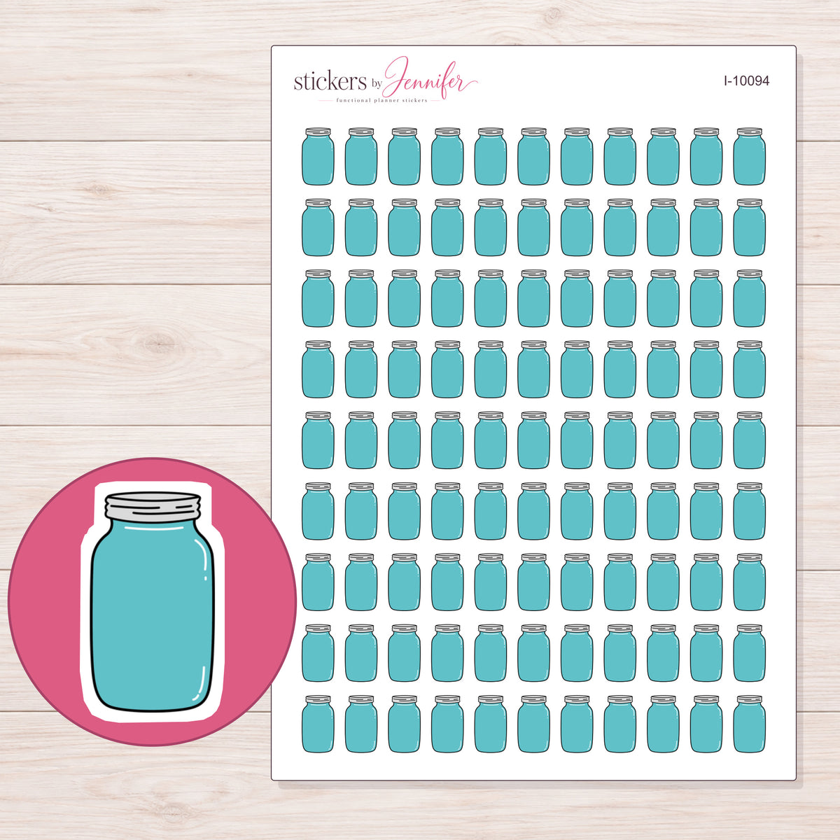 Teal Mason Jar Planner Stickers | I-10094 — 5 × 7 inch sheet and enlarged sticker detail