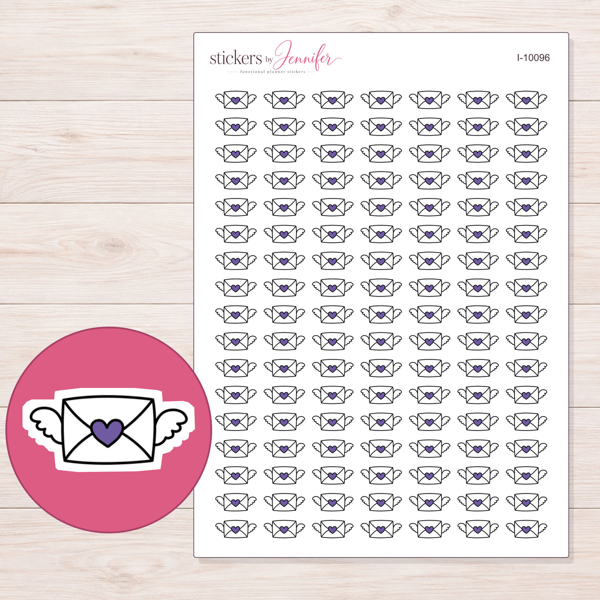 Purple Heart Winged Envelope Planner Stickers | I-10096 — 5 × 7 inch sheet and enlarged sticker detail
