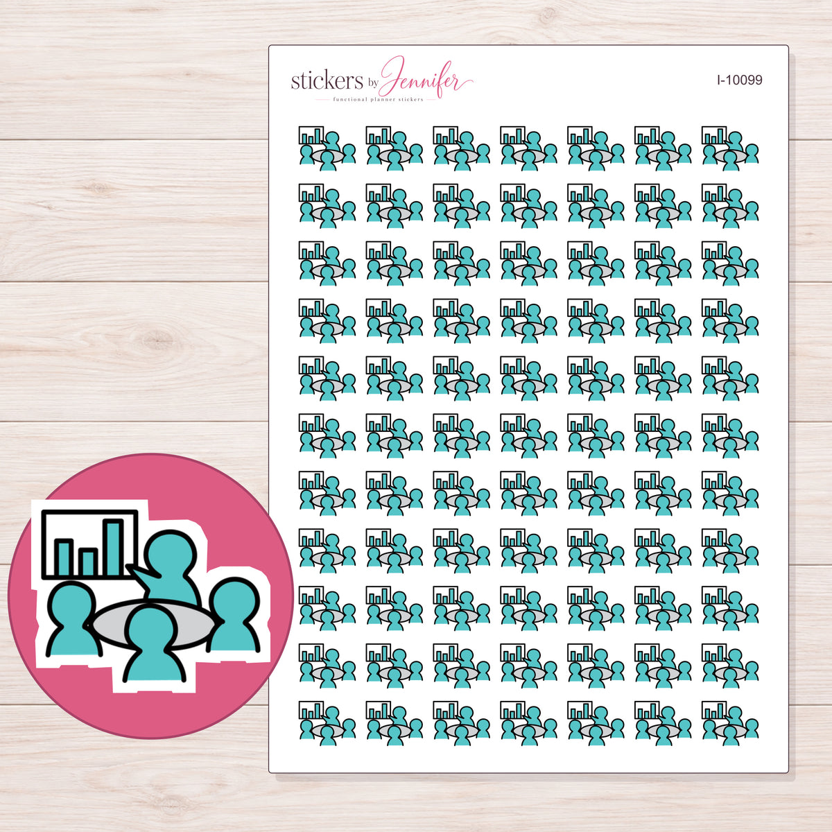 Teal Meeting Group Planner Stickers | I-10099 — 5 × 7 inch sheet and enlarged sticker detail