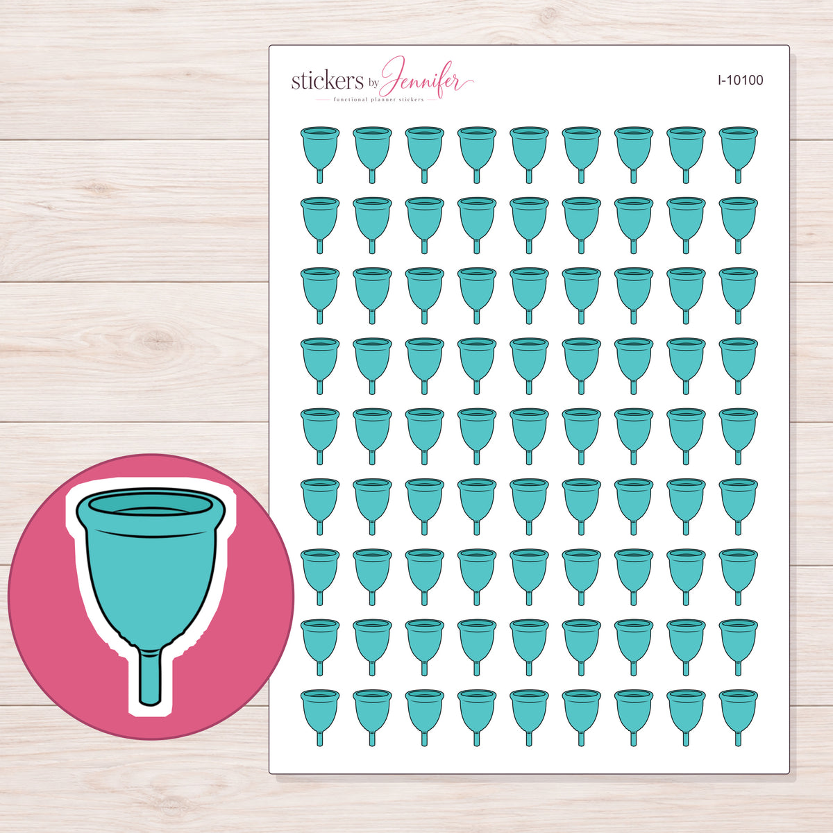 Teal Menstrual Cup Planner Stickers | I-10100 — 5 × 7 inch sheet and enlarged sticker detail