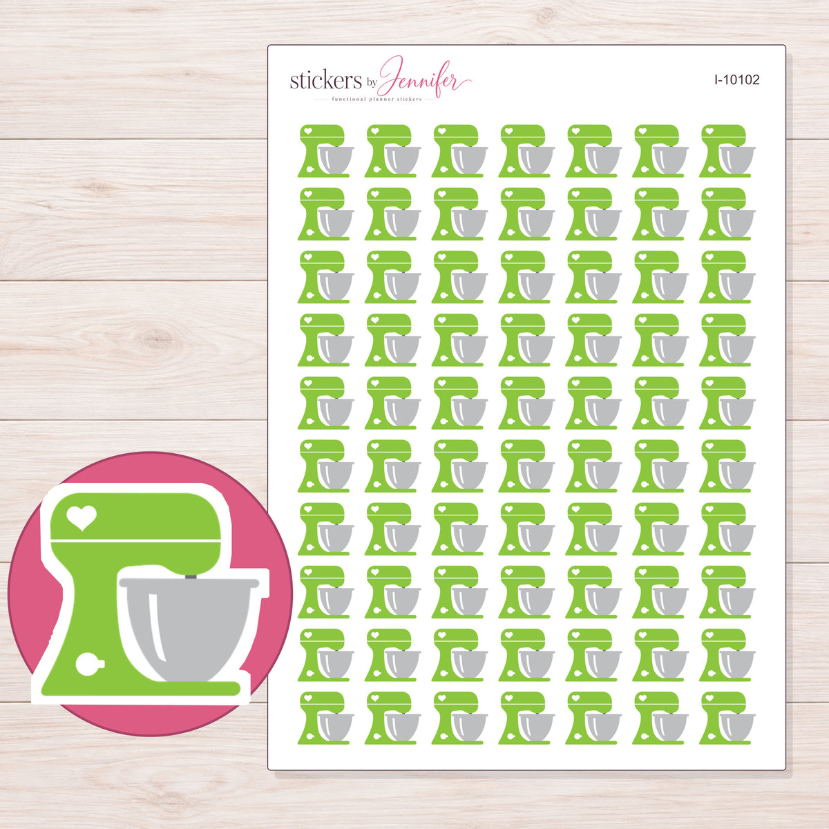 Green Heart Stand Mixer Planner Stickers | I-10102 — 5 × 7 inch sheet and enlarged sticker detail