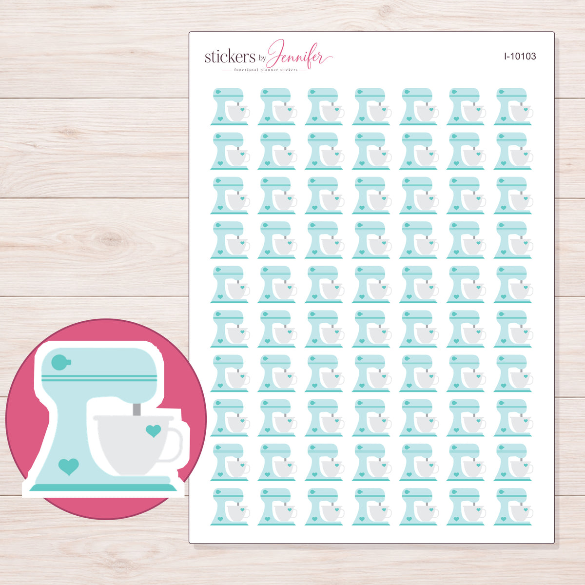 Pale Aqua Heart Stand Mixer Planner Stickers | I-10103 — 5 × 7 inch sheet and enlarged sticker detail