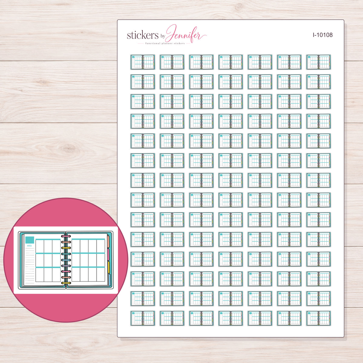 Teal Open Weekly Planner Stickers | I-10108 — 5 × 7 inch sheet and enlarged sticker detail