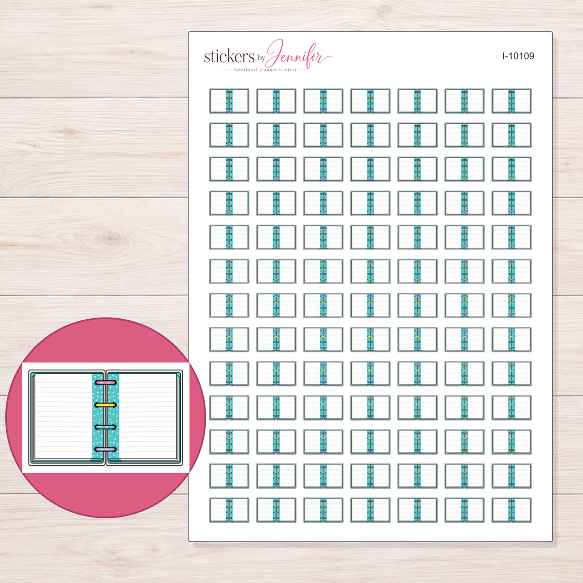 Teal Open Mini Notebook Planner Stickers | I-10109 — 5 × 7 inch sheet and enlarged sticker detail