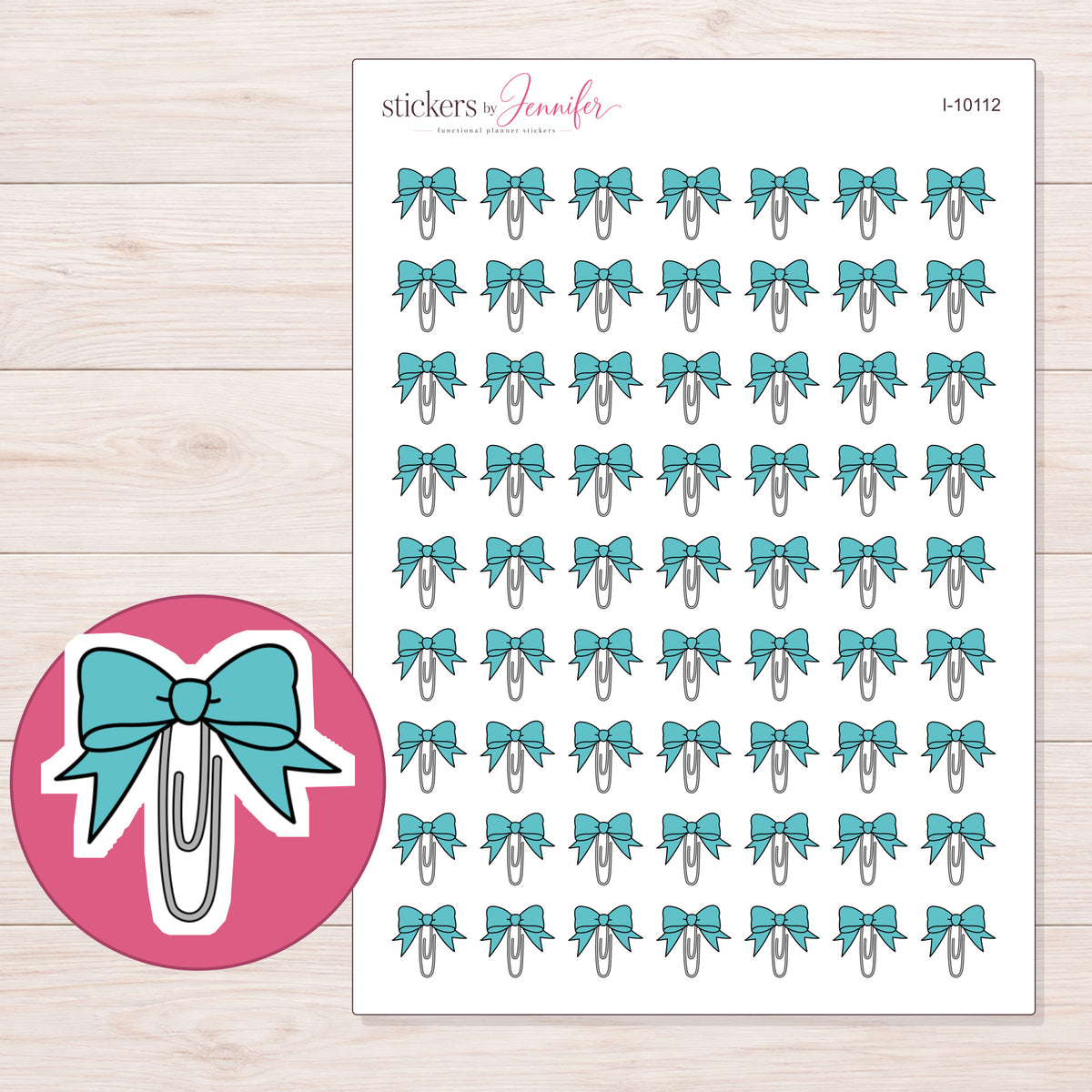 Teal Bow Paper Clip Planner Stickers | I-10112 — 5 × 7 inch sheet and enlarged sticker detail