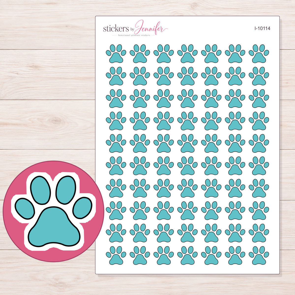 Teal Solid Paw Print Planner Stickers | I-10114 — 5 × 7 inch sheet and enlarged sticker detail