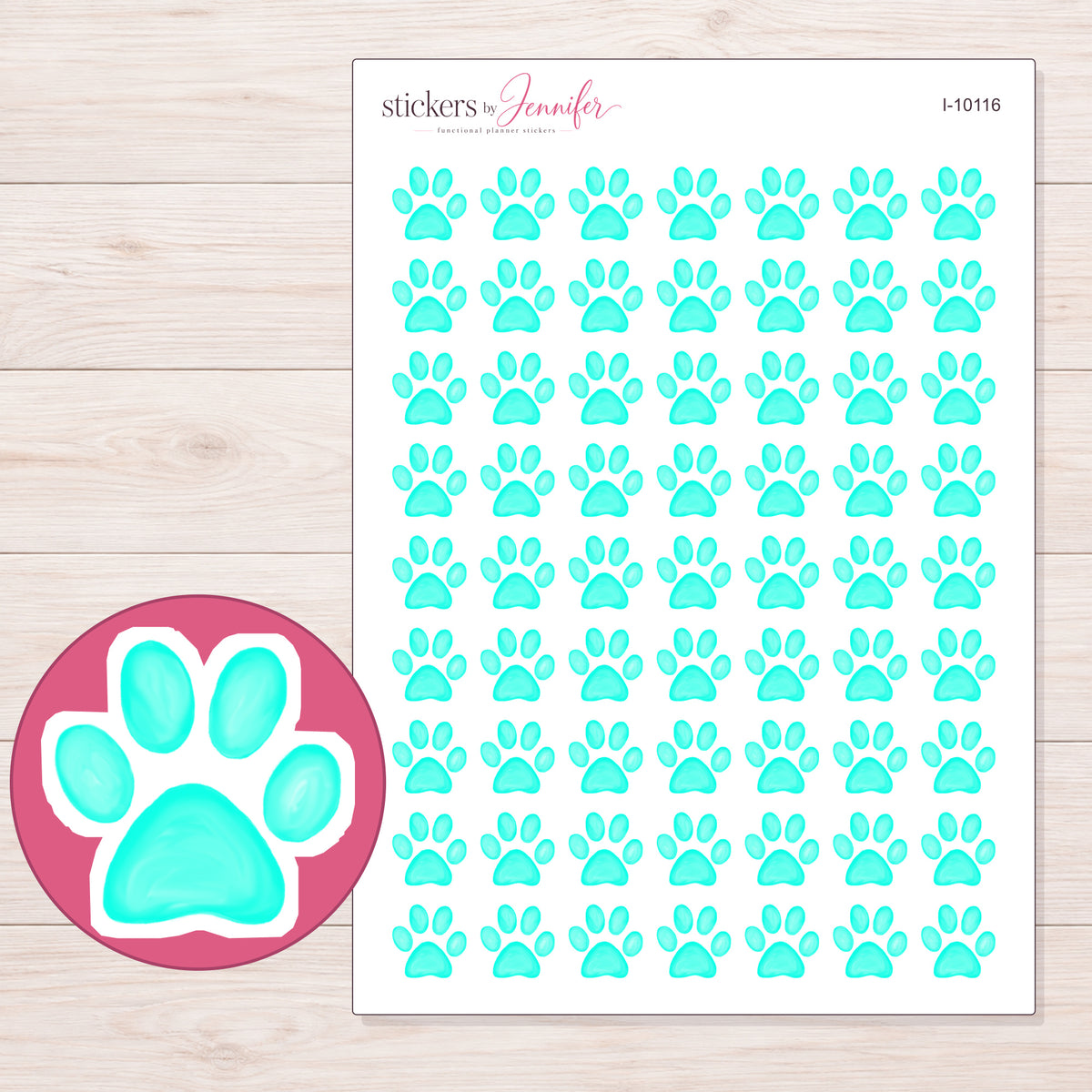 Bright Aqua Paw Print Planner Stickers | I-10116 — 5 × 7 inch sheet and enlarged sticker detail