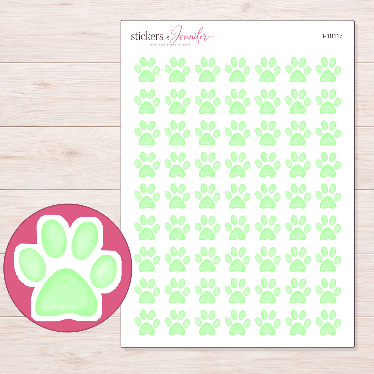 Pastel Mint Paw Print Planner Stickers | I-10117 — 5 × 7 inch sheet and enlarged sticker detail